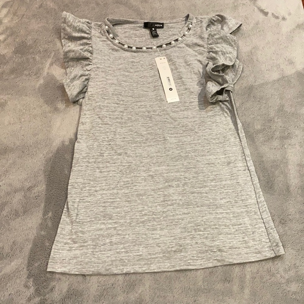 AAQUA ruffle tshirt w/ pearl neckline